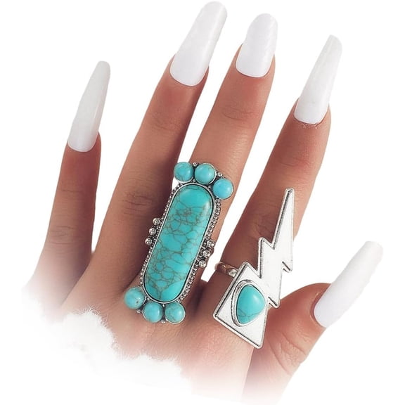 Boho Turquoise Full Finger Long Rings for Women Men,Unique Chunky Silver Stacking Western Knuckle Rings,Vintage Ethnic Band Signet Thumb Rings Jewelry