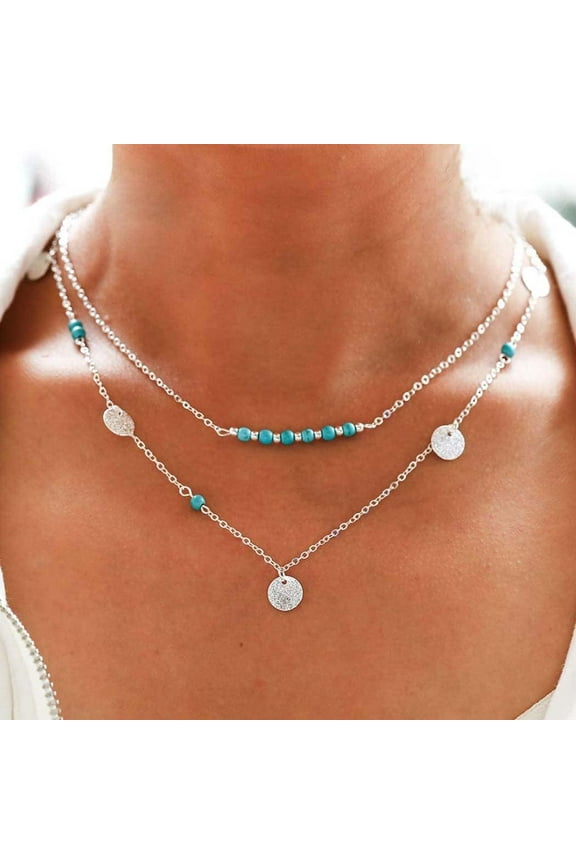 Boho Turquoise Necklace Silver Sequin Pendant Necklace Layered Beaded Necklaces Chain Western Necklace Jewelry for Women[t391]