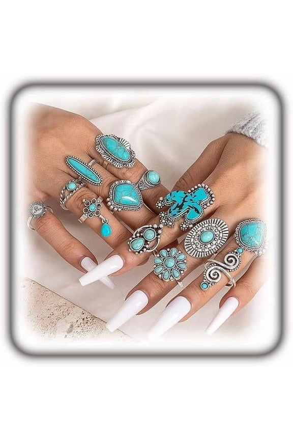 Boho Turquoise Ring for Women Silver Western Stackable Knuckle Rings Vintage Cactus Flower Midi Finger Ring Statement Jewelry Gifts