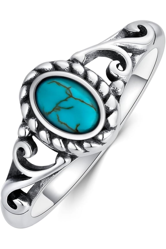 Boho Turquoise Stone Ring for Women 925 Sterling Silver Oxidized Oval Celtic Western Ring US Gift for Her Wife Mom