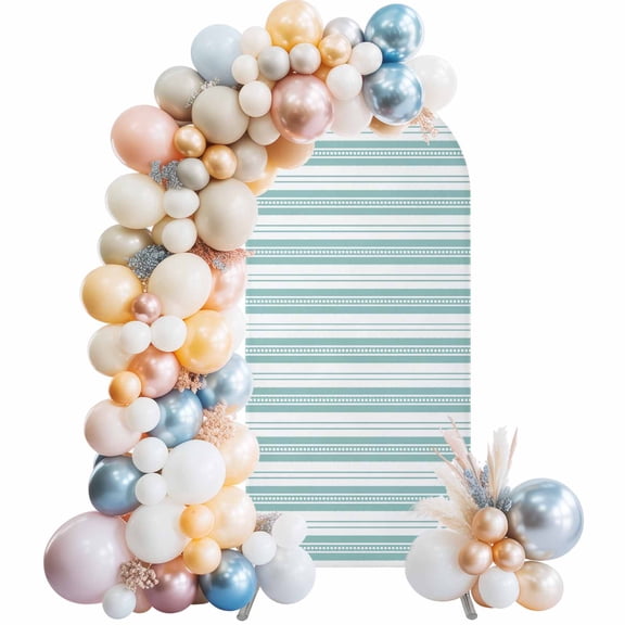 Boho Turquoise Stripe Arch Backdrop Cover 5Ft, Wedding Arch Covers Stretchy Backdrop, Abstract Geometric White Minimalist Fitted 2 Sided Arched Photo Background for Birthday Party Decorations
