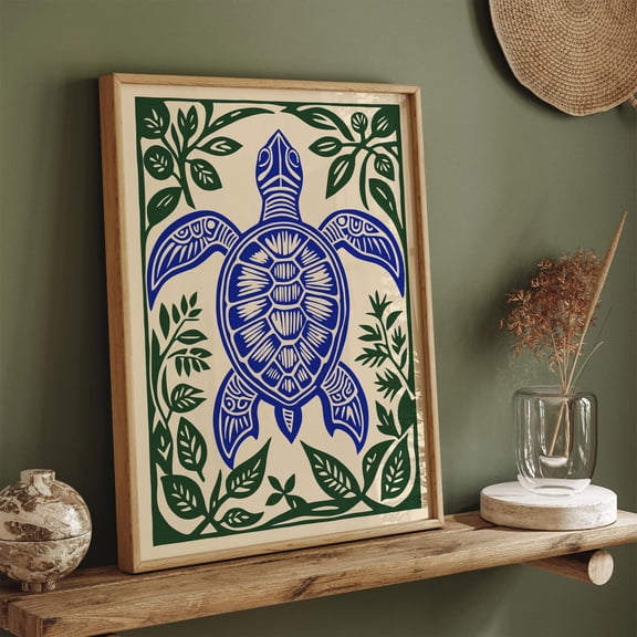Boho Turtle Linocut Coastal Wall Art Poster, Unframed Canvas 24x36in