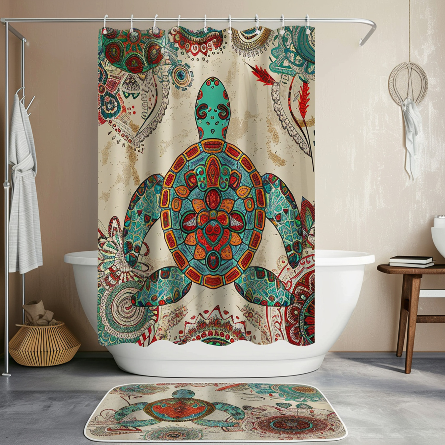 Boho Turtle Shower Curtain Ethnic Patterns Red & Turquoise Indian Style ...