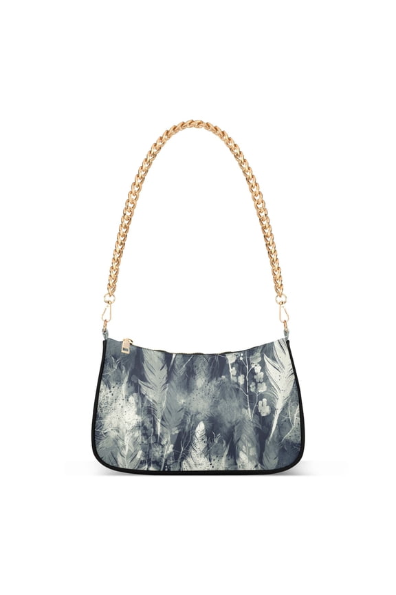 Boho Twigs and Feather Bohemian Gray Womens Chain Shoulder Bag Tote Handbag Clutch Hobo Purse with Zipper for Travel Casual