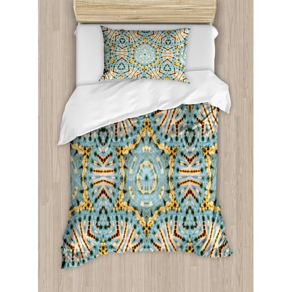 Boho Twin Size Duvet Cover Set, Tribal Boho Pattern with Odd Geometric Triangles Sacred Shapes Oriental Art Print, Decorative 2 Piece Bedding Set with 1 Pillow Sham, Blue Yellow, by Ambesonne
