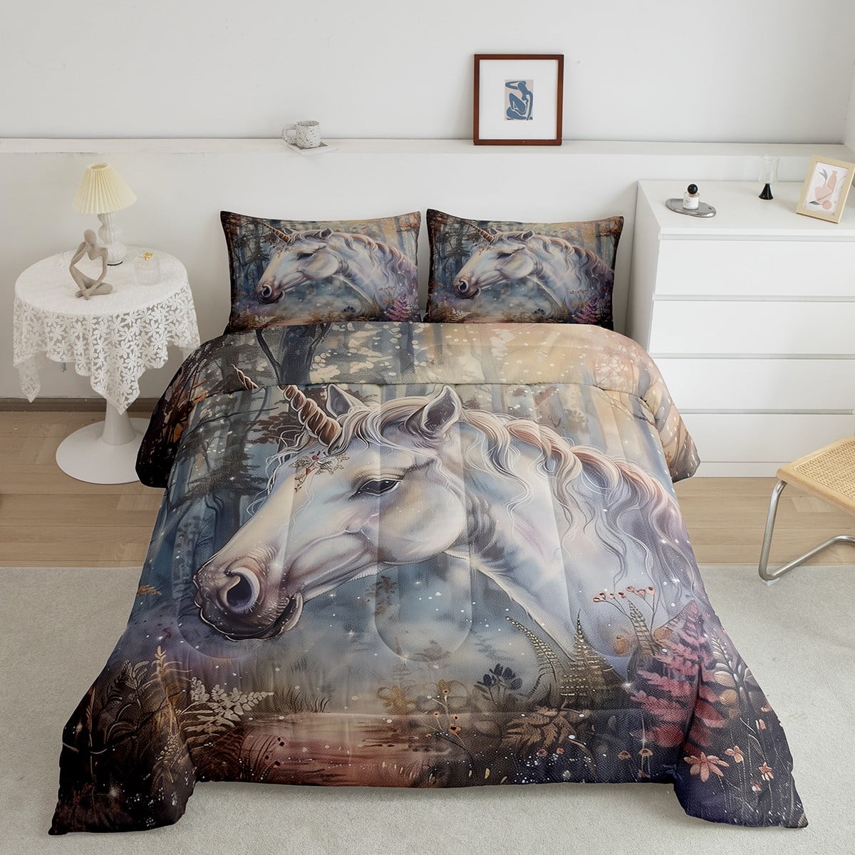 Boho Unicorn Comforter Set Twin Woodland Horse Bedding Grey Blue Fantasy Mystical Wildlife ...