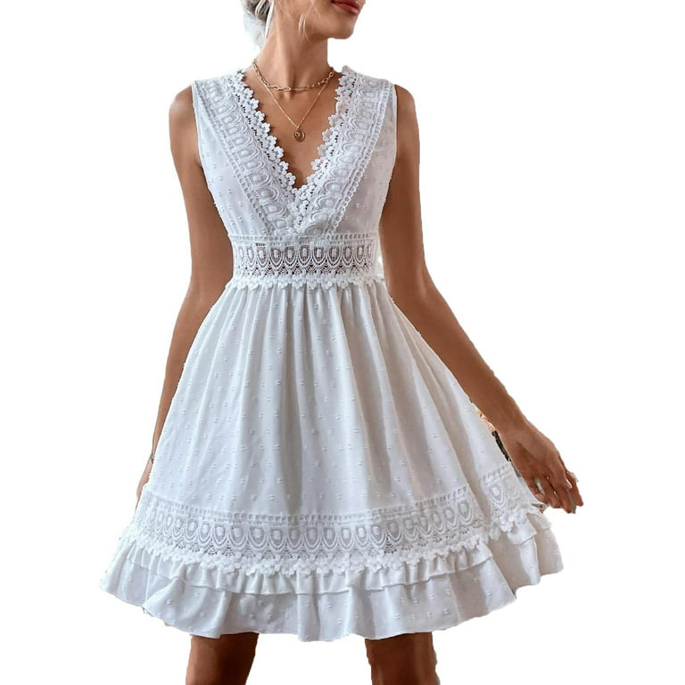 Boho V Neck A Line Dress Sleeveless White Women's Dresses (Women's) S 