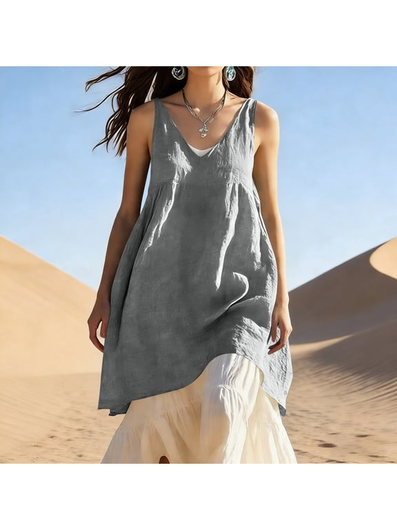 Boho V Neck Mini Sundress Womens Sleeveless Linen Long Tank Tops Loose Fitting Flowy Cami Dress for Summer Vacation Gray XXL