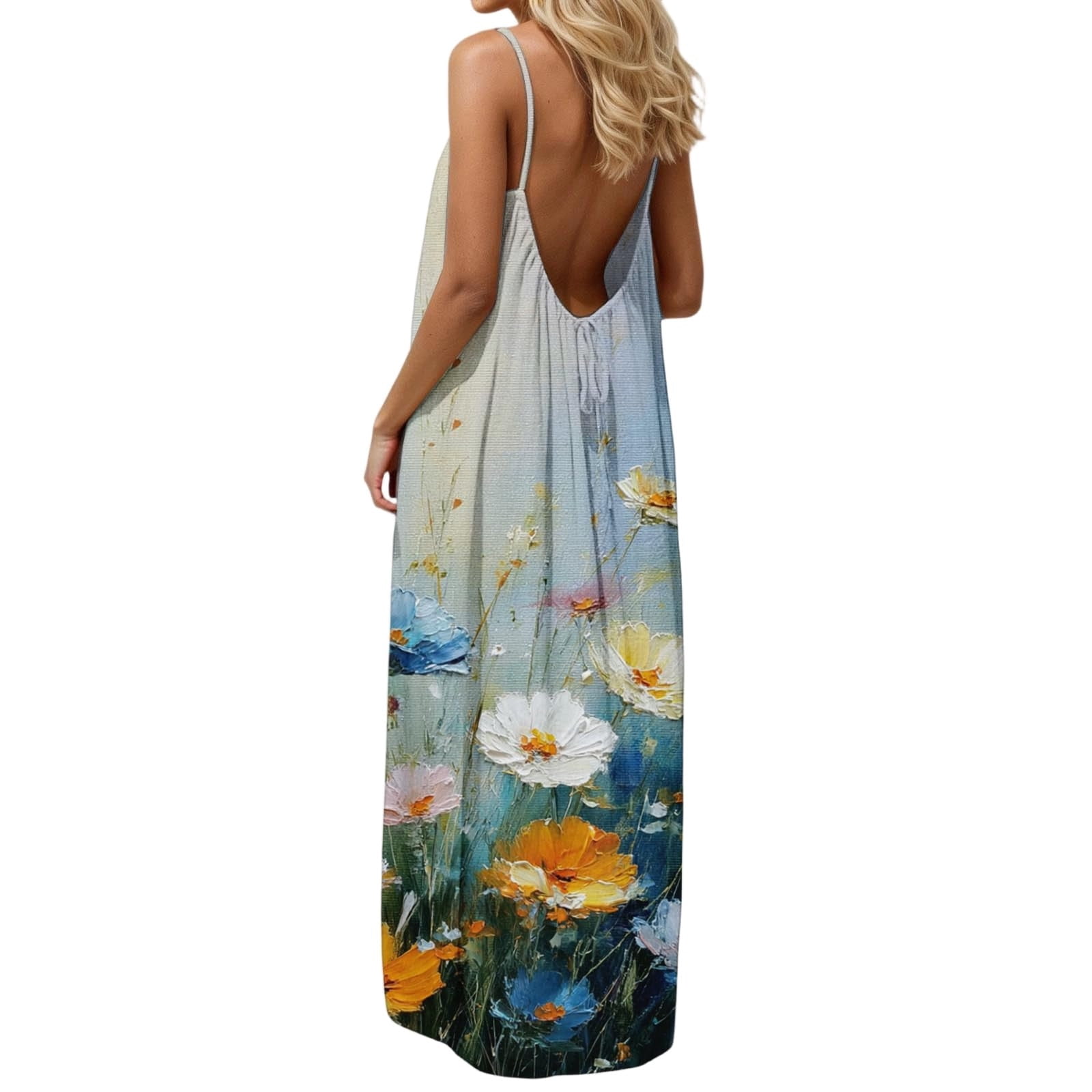 Boho Vacation Dresses Womens Summer Beach Backless Dress Vintage Low Back Cami Sundresses Holiday Travel, White L