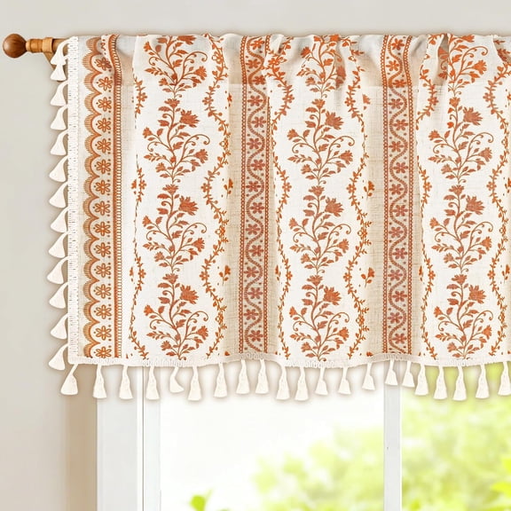 Boho Valance Curtains Vintage Linen Kitchen Valances for Windows Light Filtering Bohemian Floral Valance Rod Pocket Tassel Window Valances for Bathroom Cafe, 42" W X 45" L, White Orange
