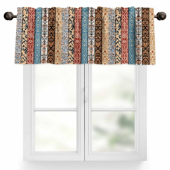 Boho Valances for Windows, 42 x 12in, Retro Ethnic Vintage Floral Geometric Splicing Rod Pocket Kitchen Valance Curtain Light Filtering Window Treatments for Living Room Bedroom, 1 Panel