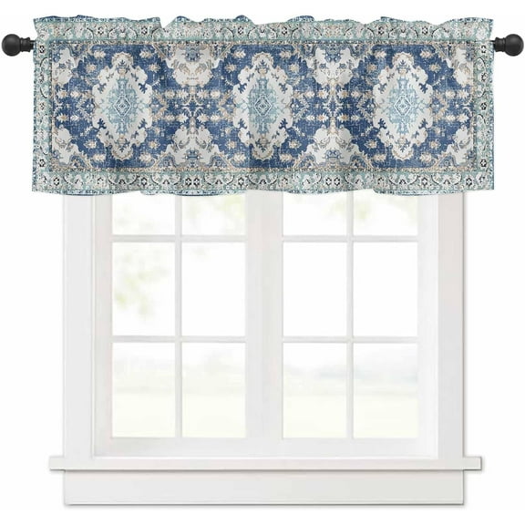 Boho Valances for Windows Bohemia Rod Pocket Valance Window Treatments 1 Panel Tribal Vintage Rustic Blue Short Curtains for Kitchen Windows Bathroom Bedroom 54 x 18 inch