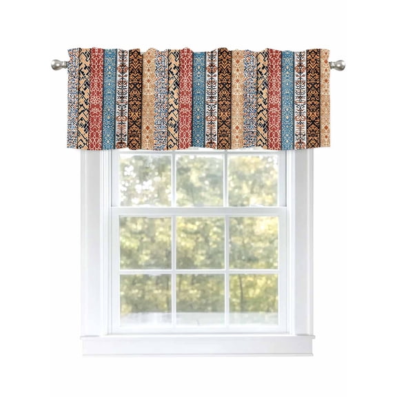 Boho Valances for Windows Retro Ethnic Vintage Floral Geometric Splicing Kitchen Valance Curtain Rod Pocket Small Curtains for Cafe Bathroom Laundry Basement 42" x 12"