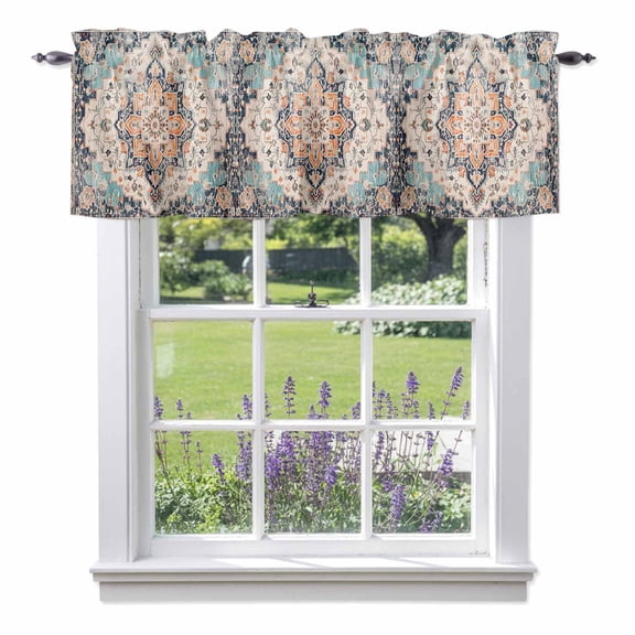 Boho Valances for Windows, Vintage Medallion Damask Floral Abstract Middle Ages Valance Window Treatment Rod Pocket Short Curtains Valances for Kitchen Bathroom 42"W x 12"L