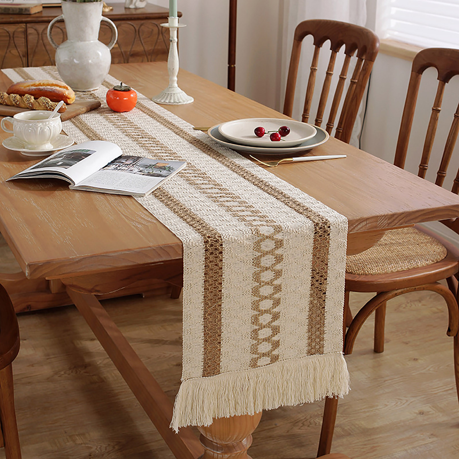 Boho Valentines Day Table Runner 13 x 72 Inch Long Natural Cotton Woven