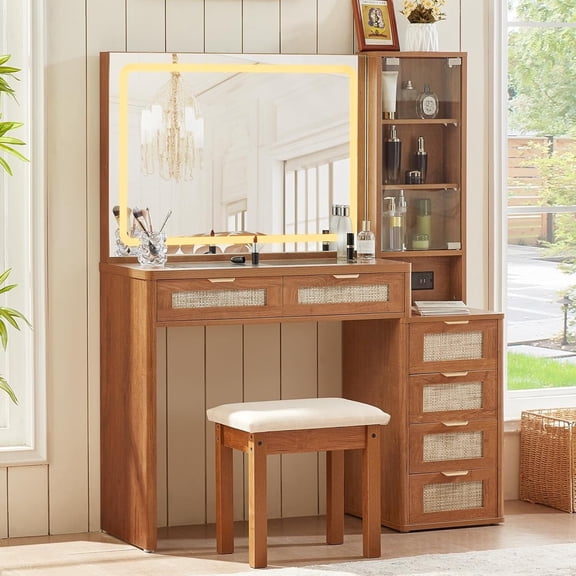Boho Vanity Set with Mirror & Lights, Women Lighted Makeup Desk with Stool, Rattan Dressing Table with Outlets & Storage Drawers - Tea Brown