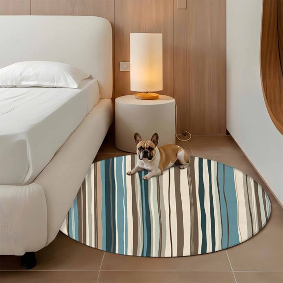 Boho Vertical Stripe 3ft Round Rug for Bathroom Accent Bedside Corner, Green Beige Simple Lines Washable Non Slip Circle Area Rug for Small Spaces
