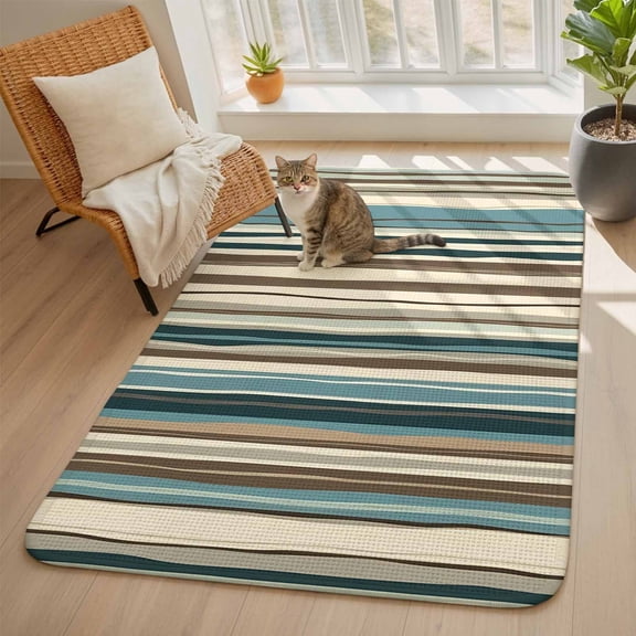 Boho Vertical Stripe Area Rugs for Living Room 5x6, Green Beige Simple Lines Washable Area Rug with Non Slip Backing, Stain Resist Linen Carpet for Bedroom, Dining Room, Entryway, Entrance
