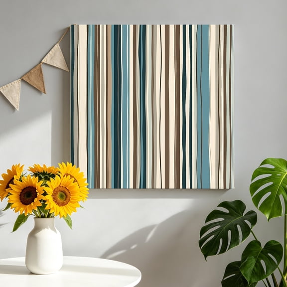 Boho Vertical Stripe Canvas Wall Art, Green Beige Simple Lines Framed Canvas Wall Decor Picture Print Artwork Decorations for Living Room Office Ready to Hang 8" x 8"
