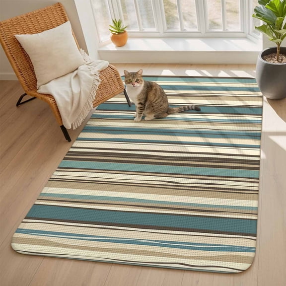 Boho Vertical Stripes Area Rugs for Living Room 5x7, Green Beige Simple Lines Washable Area Rug with Non Slip Backing, Stain Resist Linen Carpet for Bedroom, Dining Room, Entryway, Entrance