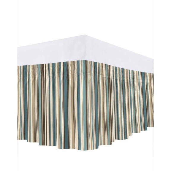 Boho Vertical Stripes Bed Skirt California King Size 18" Drop Green Beige Simple Lines Ruffled Wrap Around Bed Skirts Adjustable Elastic Bedskirt Dust Ruffle for California King Size Bed