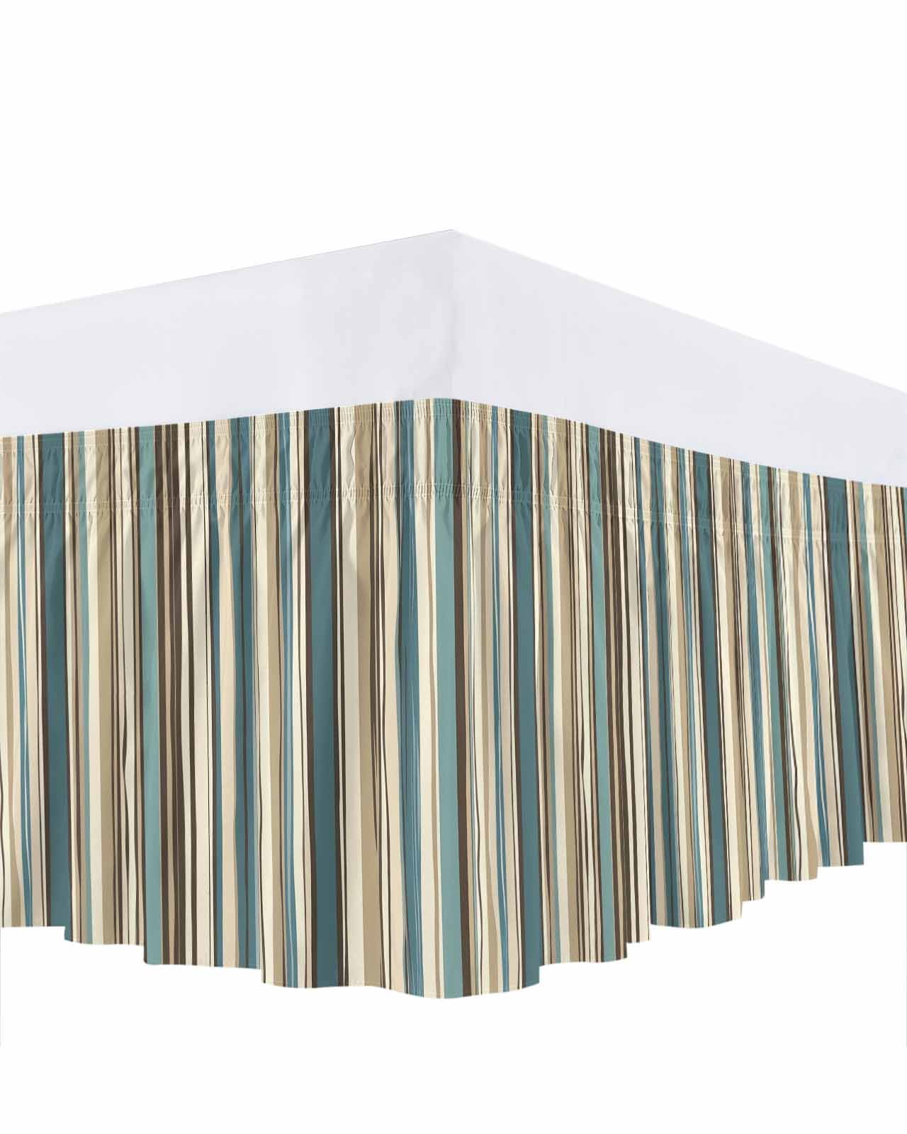 Boho Vertical Stripes Bed Skirt Green Beige Simple Lines Bed Skirts Queen Size 18 Inch Drop, Wrap Around Dust Ruffle&nbsp;Bedskirt with Adjustable Elastic Belt for Queen Size Beds