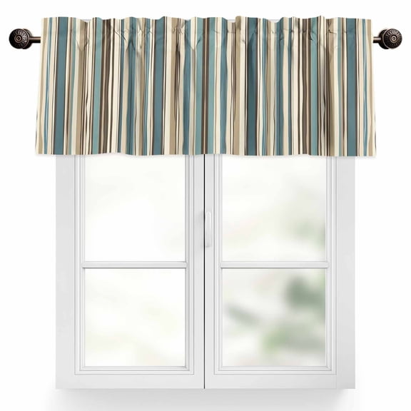 Boho Vertical Stripes Valances for Windows, 42 x 18in, Green Beige Simple Lines Rod Pocket Kitchen Valance Curtain Light Filtering Window Treatments for Living Room Bedroom, 1 Panel