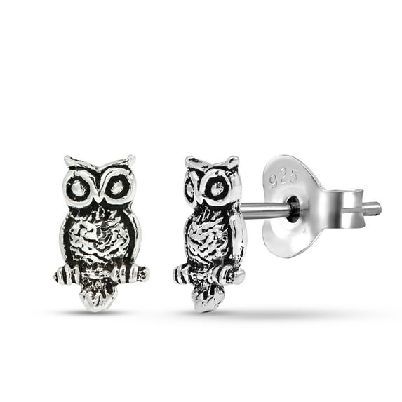 Boho Vintage .925 Sterling Silver Petite Night Owl Stud Earrings | Sterling Silver Stud Earring for women | Animals Stud Earrings | Stud Earrings
