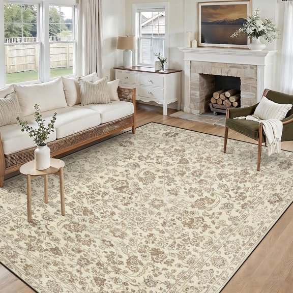 Boho Vintage Area Rug 5' x 7', Distressed Faded Carpet, Washable Low-Profile Soft Rug for Bedroom, Nursery, Home Decor, Brown