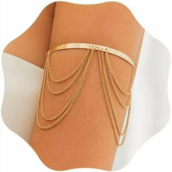 Boho Vintage Arm Cuff with Multilayered Chain Tassels Wide Upper Armband Open Bracelet Beach Armlet Costume Accessories for Women