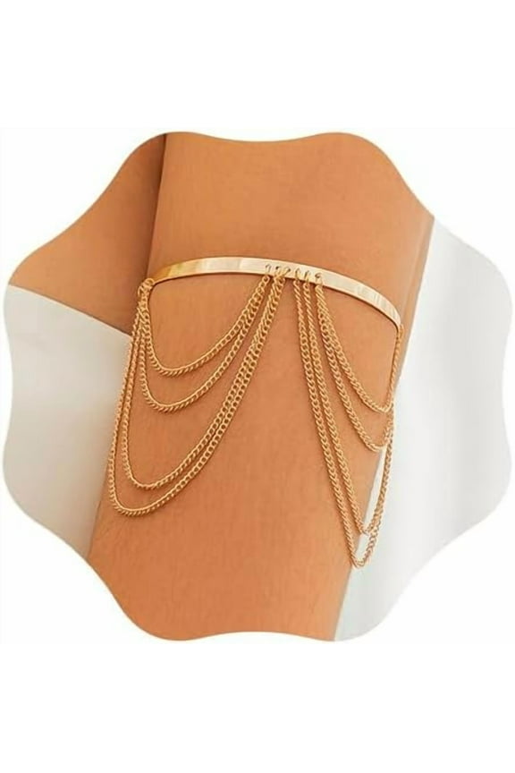 Boho Vintage Arm Cuff with Multilayered Chain Tassels Wide Upper Armband Open Bracelet Beach Armlet Costume Accessories for Women