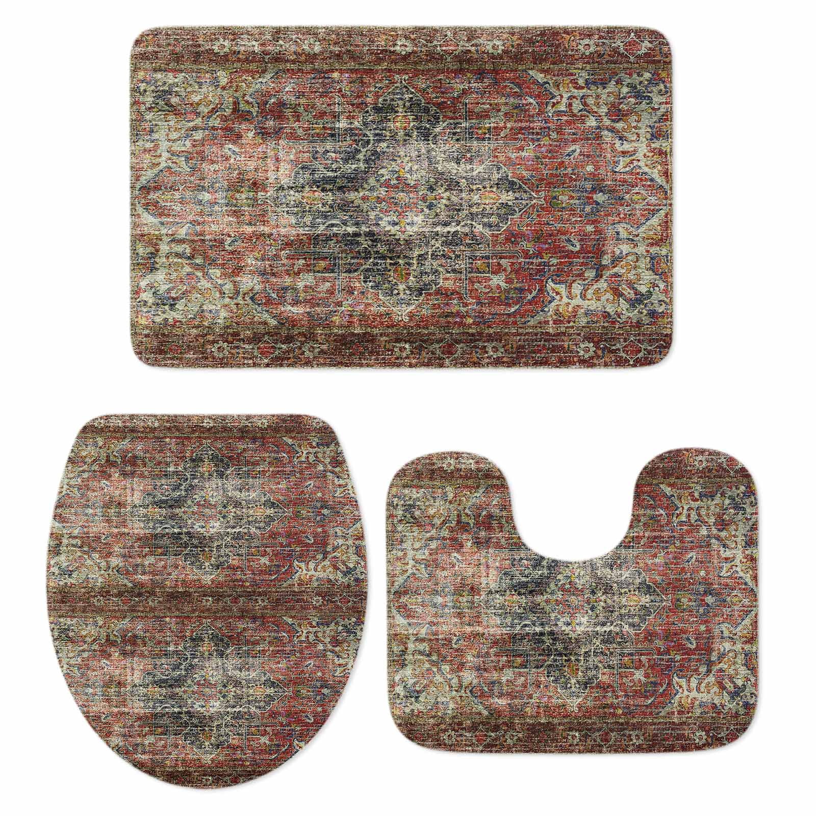 Boho Vintage Bath Mat 3 Piece Bathroom Rug Set, Retro Flowers Modern ...