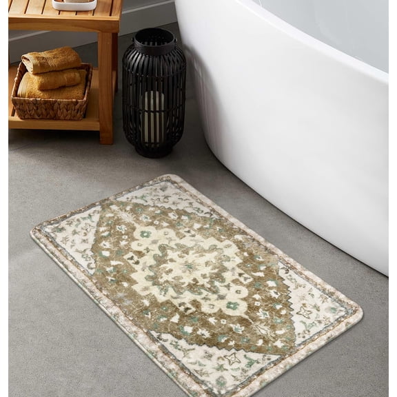 Boho Vintage Bathroom Rugs Gray Non-Slip Soft Bath Mat Machine Washable Oriental Small Bath Rug Traditional Tribal Floral Bath Mats for Sink Shower Doorway Tub, 18x27 inch