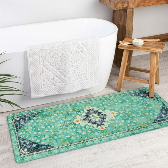 Boho Vintage Bathroom Runner Rug Green Non-Slip Soft Long Bathroom Rugs Machine Washable Oriental Bath Mat Traditional Tribal Floral Floor Mats for Sink Shower Bathtub, 18x47 inch