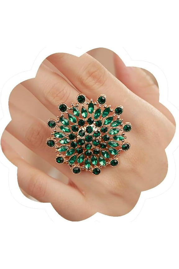 Boho Vintage Big Sunflower Crystal Ring Floral Statement Rings Adjustable Shiny Rhinestone Engagement Ring Prom Party Cocktail Jewelry for Women(Green)