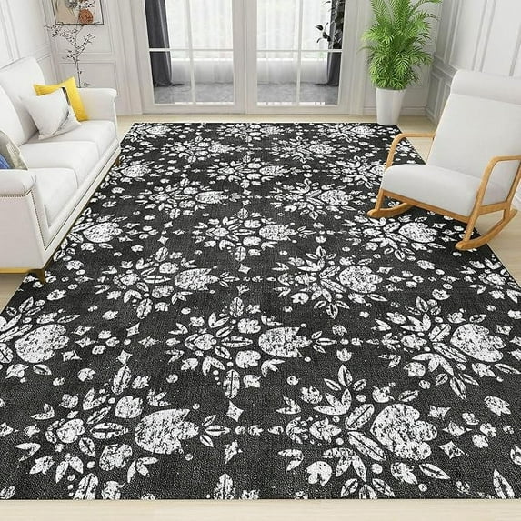 Boho Vintage Black And White Flowers Area Rug, Black Pattern Easy Clean Rug, Soft Non-Skid Carpet Throw Rugs For Kids Teen Girls Boys Bedroom Living Room Classroom Office 4 x 5ft