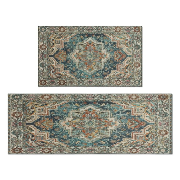 Boho Vintage Blue Carpet Kitchen Rugs and Mats Sets Of 2, Funny Kitchen Decoration Rubber Backing Non-Slip Absorbent Mats for Sink Waterproof Runner Rug for Laundry Room 17x30+17x48inch
