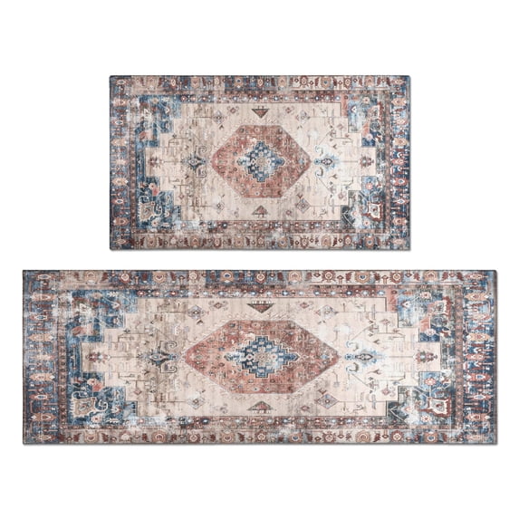 Boho Vintage Blue Carpet Kitchen Rugs and Mats Sets Of 2, Funny Kitchen Decoration Rubber Backing Non-Slip Absorbent Mats for Sink Waterproof Runner Rug for Laundry Room 17x30+17x48inch