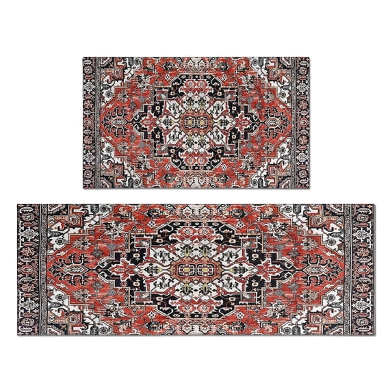 Boho Vintage Blue Carpet Kitchen Rugs and Mats Sets Of 2, Funny Kitchen Decoration Rubber Backing Non-Slip Absorbent Mats for Sink Waterproof Runner Rug for Laundry Room 17x30+17x48inch