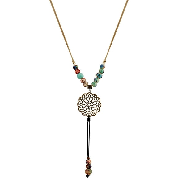 Boho Vintage Ceramic Floral Beaded Long Necklace, Personality Jewelry for Women