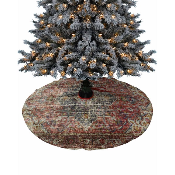 Boho Vintage Christmas Tree Skirt 36 Inches Large Christmas Skirt Tree, Retro Flowers Modern Geometric Abstract Art Tree Skirt Christmas Decorations for Fireplace Party Holidays Indoor Outdoor