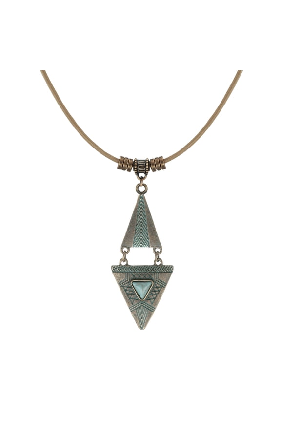 Boho Vintage Copper and Turquoise Triangle Pendant with Tan Leather Cord Necklace – 18 inch