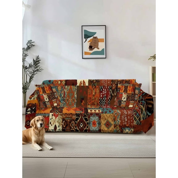Boho Vintage Couch Cover, Brown Ethnic Middle Century Geometric Sofa Cover Blanket for Loveseat Couches, Sectional Sofa Slipcover Furniture Protector for Living Room Bedroom 71''x118''
