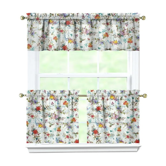 Boho Vintage Curtains 24 Inch - 3 Panel Farmhouse Wildflower Set with Rustic Floral Design, Country Kitchen Window Drapes