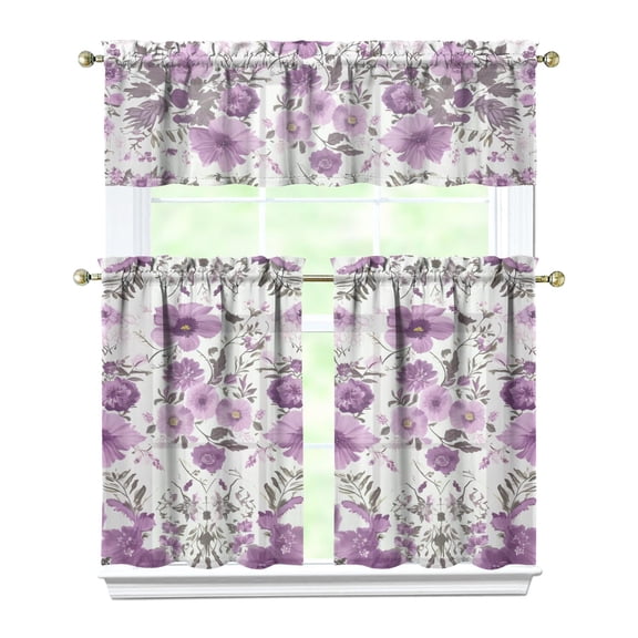 Boho Vintage Curtains 36 Inch - 3 Panel Farmhouse Wildflower Set with Rustic Floral Design, Rod Pocket Kitchen Window Drapes for Country Style