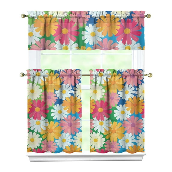Boho Vintage Curtains 36 Inch - 3 Panel Farmhouse Wildflower Set with Rustic Floral Design, Rod Pocket Kitchen Window Drapes for Country Style