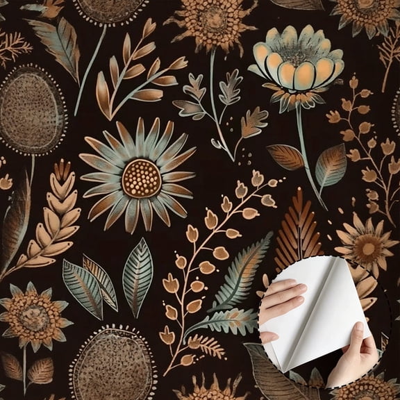 Boho Vintage Dark Brown Floral Wallpaper Peel and Stick Waterproof Rustic Botanical Flower Leaf Wall Decoration for Living Room Bedroom Bathroom Kitchen Cabinet Dorm Room 17.7 * 78.5 in
