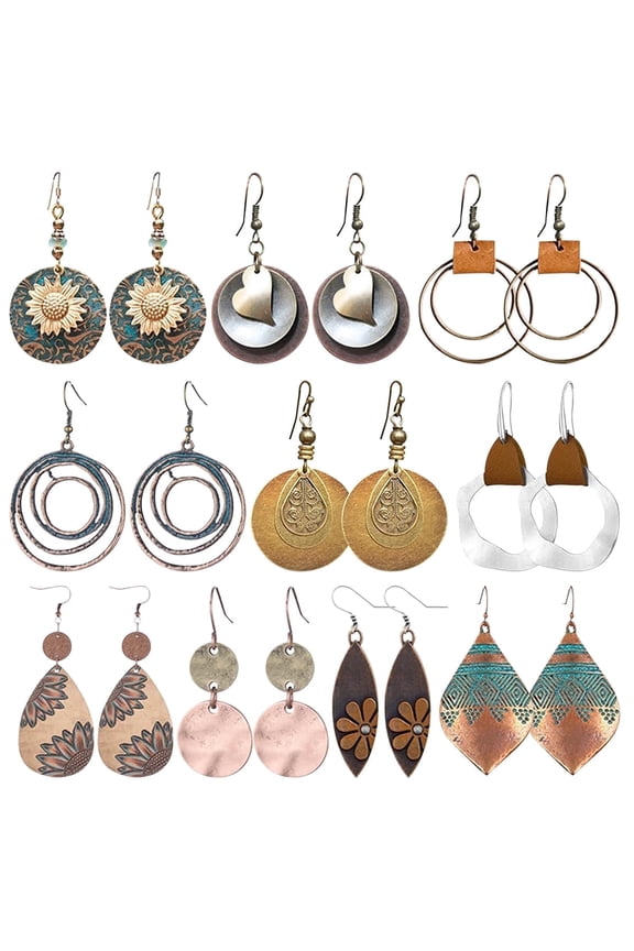 Boho Vintage Earring Set, Sunflower and Geometric Teardrop Earrings, Gift for Women, 10 Pairs