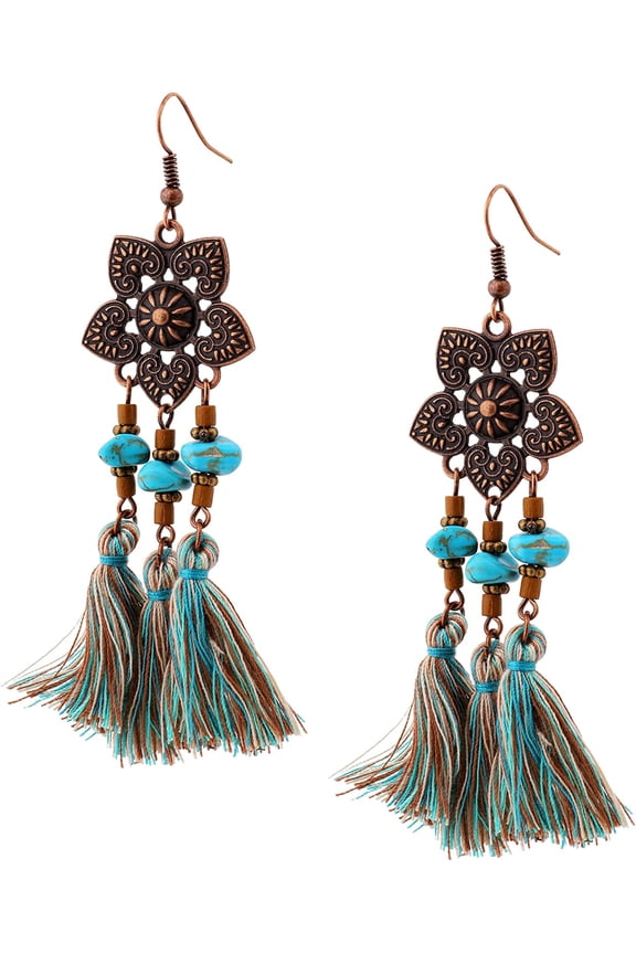 Boho Vintage Ethnic Flower Created Turquoise Bead Tassel Pendant Earrings, Bohemian Hippie Jewelry Gift for Women