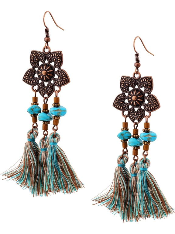 Boho Vintage Ethnic Flower Created Turquoise Bead Tassel Pendant Earrings, Bohemian Hippie Jewelry Gift for Women